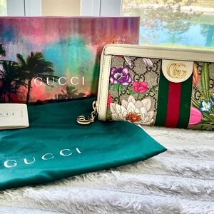 GUCCI Ophidia Supreme Continental Wallet Floral canvas with cream Leather